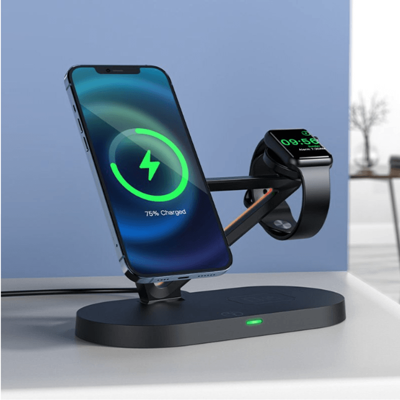 Laptop, Telefoane si Tablete - Telefoane mobile si accesorii - Accesorii Telefoane - Suport si docking telefoane - Suport compatibil cu iPhone cu MagSafe/Apple Watch/AirPods, incarcare  Wireless Qi 15W, Lumina Ambientala, Negru - Infinity.ro