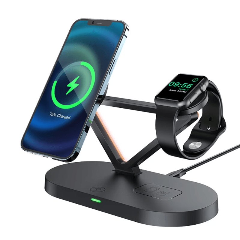 Laptop, Telefoane si Tablete - Telefoane mobile si accesorii - Accesorii Telefoane - Suport si docking telefoane - Suport compatibil cu iPhone cu MagSafe/Apple Watch/AirPods, incarcare  Wireless Qi 15W, Lumina Ambientala, Negru - Infinity.ro