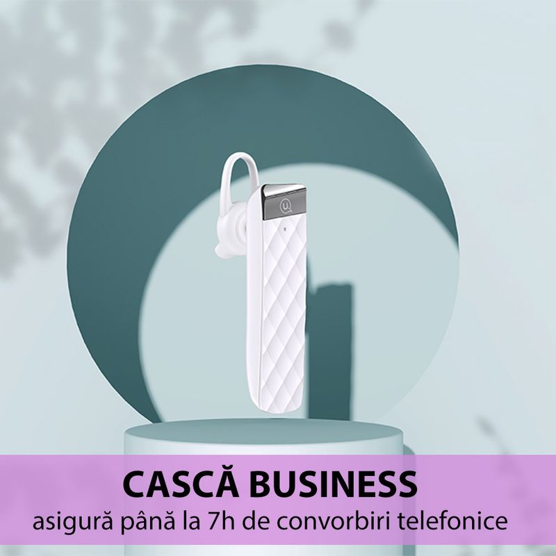 TV, Audio-Video si Foto - Portabile audio - Casti audio - Casca de afaceri Usams BT1, tehnologie Bluetooth 5.0, compatibilitate cu Android si iOS, caracteristica de transfer apeluri, disponibila in culoarea alba - Infinity.ro