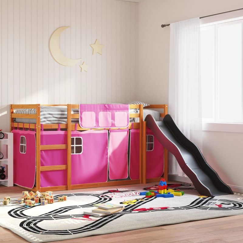 Casa si Gradina - Mobilier - Paturi si accesorii - Paturi - Pat supraetajat cu tobogan si perdele, roz, 90x200 cm - Infinity.ro