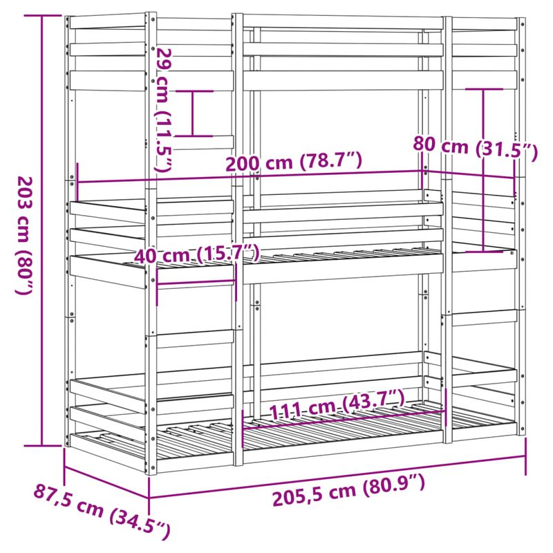 Casa si Gradina - Mobilier - Paturi si accesorii - Paturi - Pat supraetajat triplu, maro ceruit, 80x200 cm, lemn masiv pin - Infinity.ro