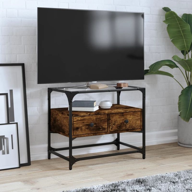 Casa si Gradina - Mobilier - Comode si corpuri - Comode - Dulap TV blat sticla stejar fumuriu 60x35x51 cm lemn prelucrat - Infinity.ro