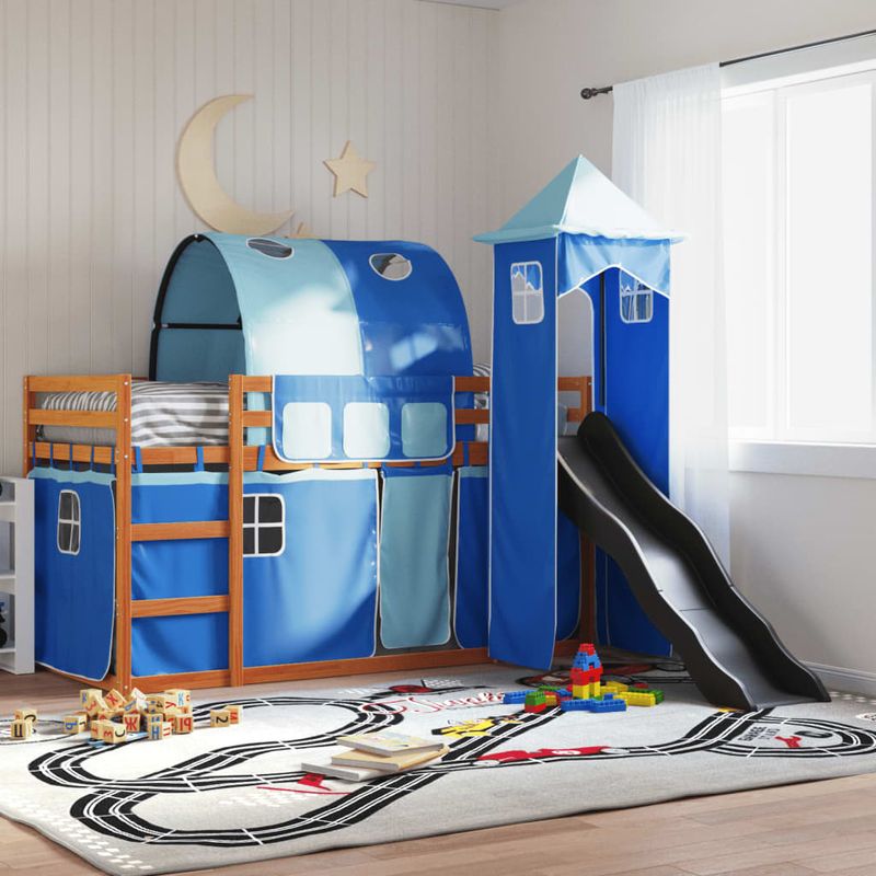 Casa si Gradina - Mobilier - Paturi si accesorii - Paturi - Pat supraetajat cu tobogan si perdele, albastru, 90x200 cm - Infinity.ro