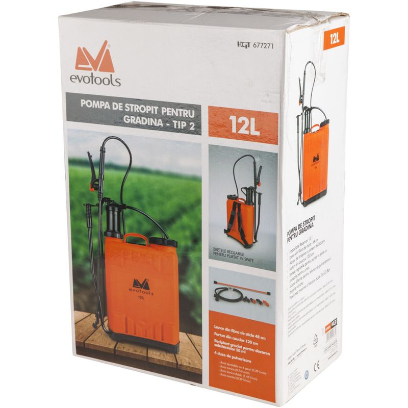 Casa si Gradina - Gradinarit si plante - Instalatii si accesorii pentru irigatii - Pompe apa - Pompa manuala de stropit cu presiune EvoTools 677271, rezervor tip rucsac 12 L, 3 duze, 58 cm lungime lance - Infinity.ro