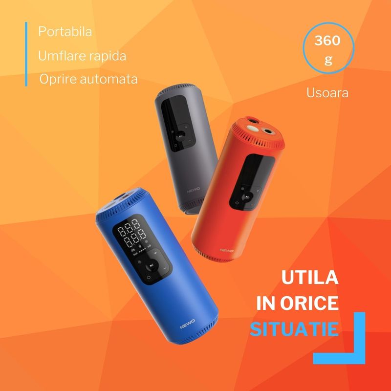 Sport si Outdoor - Ciclism - Accesorii pentru biciclete - Pompe biciclete - Mini pompa electrica de aer pentru biciclete NEWO, automata, 850mAh, 15l/min, utila in drumetii, multisport, Portocalie - Infinity.ro