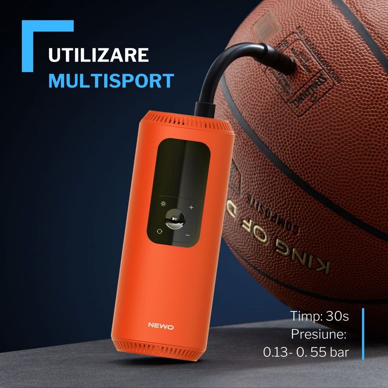 Sport si Outdoor - Ciclism - Accesorii pentru biciclete - Pompe biciclete - Mini pompa electrica de aer pentru biciclete NEWO, automata, 850mAh, 15l/min, utila in drumetii, multisport, Portocalie - Infinity.ro