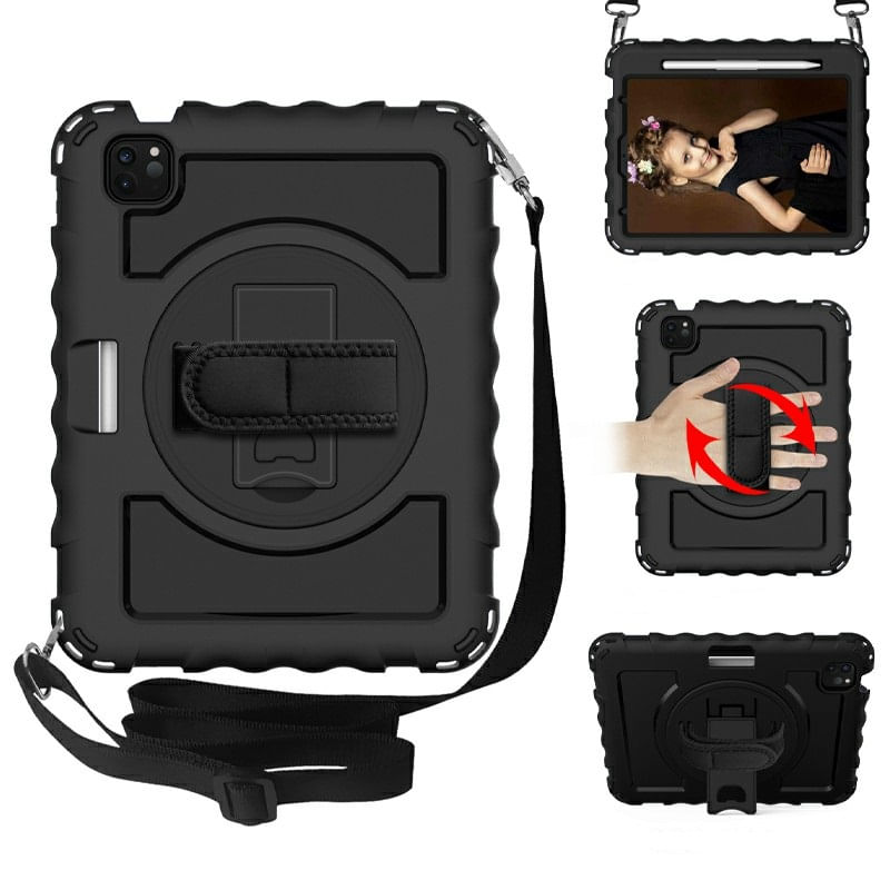 Laptop, Telefoane si Tablete - Tablete si accesorii tablete - Accesorii Tablete - Huse tablete - Husa neagra din silicon dur, iPad Air 4 2020 si iPad Pro 11 2018, curea atasabila, suport tableta - Infinity.ro