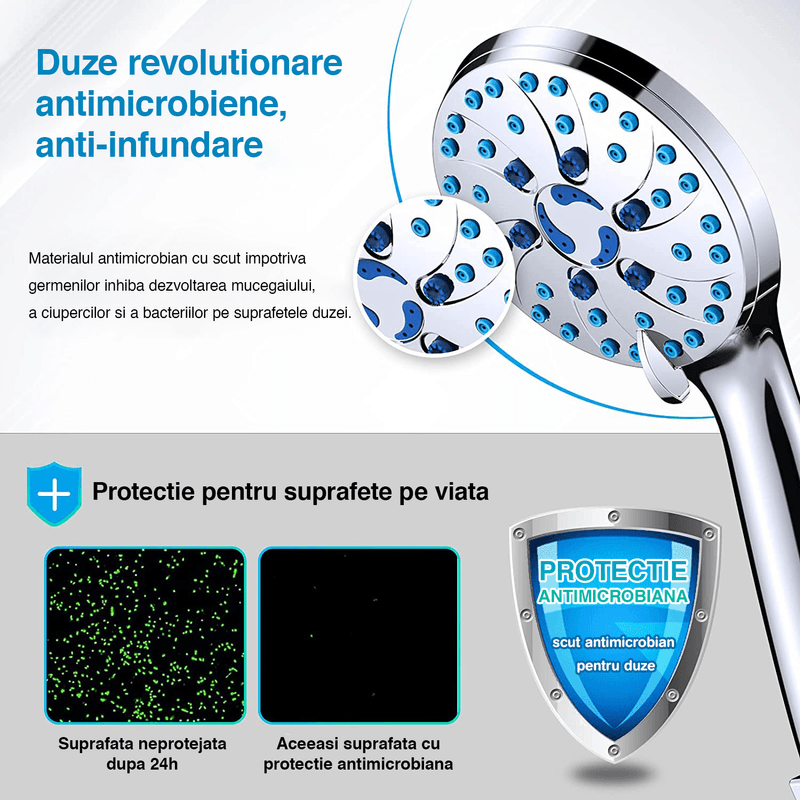 Casa si Gradina - Sanitare - Cazi si cabine de dus - Coloane si seturi de dus - Cap De Dus Cu Inalta Presiune WellLuck ,7 Functii, Duze Antimicrobiene, Antiinfundare, Furtun 1.5 m, Culoare Gri - Infinity.ro