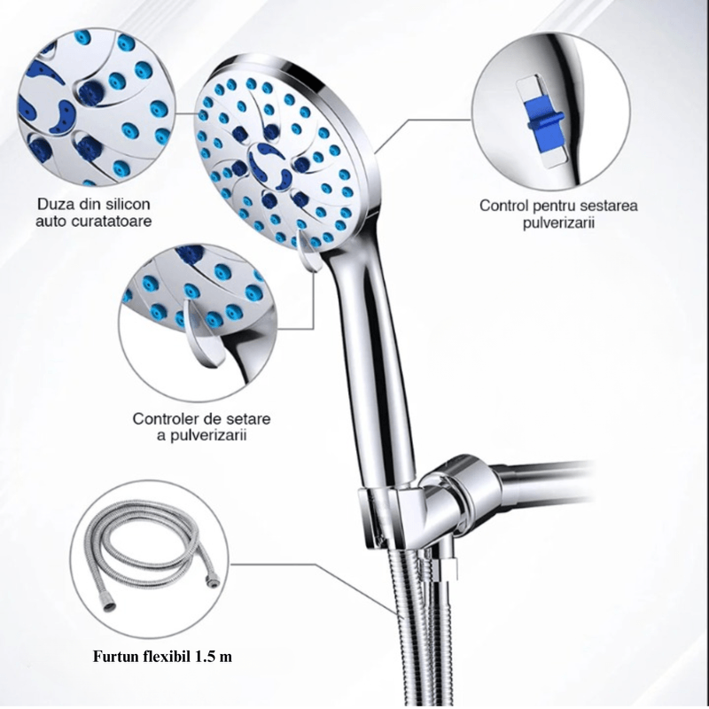 Casa si Gradina - Sanitare - Cazi si cabine de dus - Coloane si seturi de dus - Cap De Dus Cu Inalta Presiune WellLuck ,7 Functii, Duze Antimicrobiene, Antiinfundare, Furtun 1.5 m, Culoare Gri - Infinity.ro