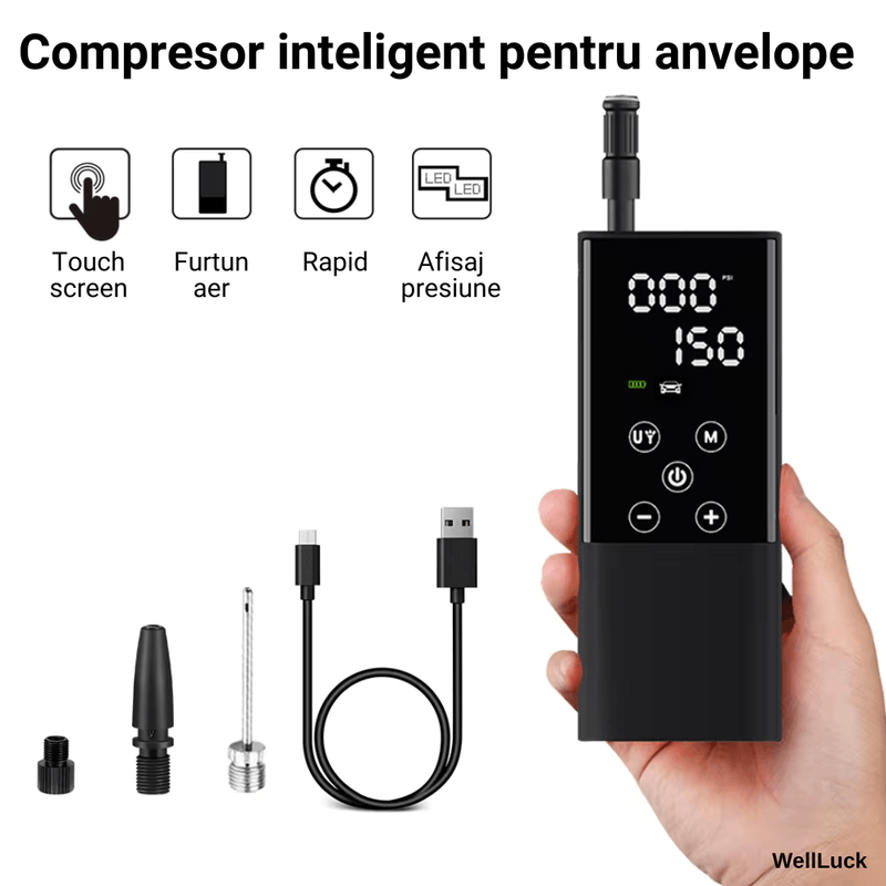 Casa si Gradina - Electrice - Echipamente electrice - Compresoare - Compresor Auto Portabil, Functie Aspirare,  WellLuck, Presiune 10.5 bar, Presetare Presiune , LED, Incarcare  USB - Infinity.ro