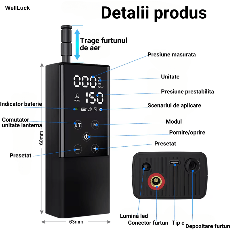 Casa si Gradina - Electrice - Echipamente electrice - Compresoare - Compresor Auto Portabil, Functie Aspirare,  WellLuck, Presiune 10.5 bar, Presetare Presiune , LED, Incarcare  USB - Infinity.ro