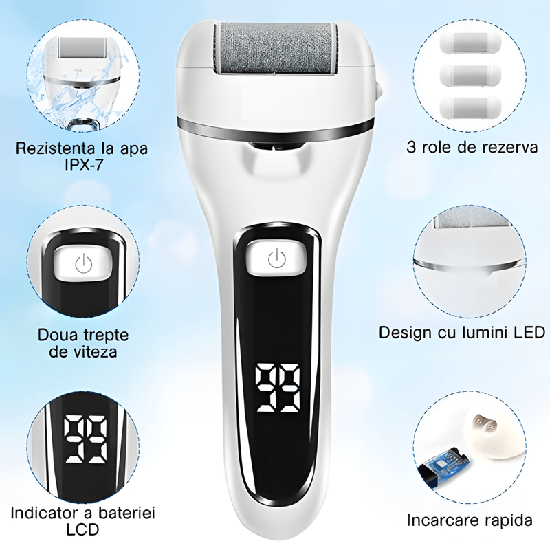 Ingrijire personala si Cosmetice - Aparate & accesorii ingrijire personala - Aparate cosmetice - Aparate pentru manichiura-pedichiura - Set Pila Electrica WellLuck, Curatare Talpi /Calcaie, Display Digital, Lanterna LED, Acumulator 1200 mAh, Incarcare USB - Infinity.ro