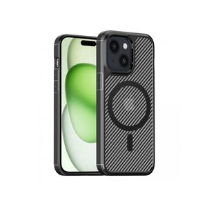 Husa de telefon pentru Apple iPhone 15 Plus, model Carbon MagSafe, negru si gri