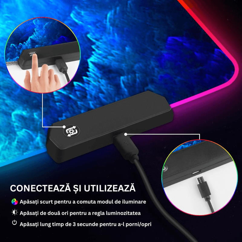 PC, gaming si accesorii - Periferice PC - Mousepad - Mousepad Mare Cauciucat, Pentru Gaming, Birou, Office, cu Iluminare LED RGB, Antiderapant, Cablu USB Inclus, 80 x 30cm - Infinity.ro