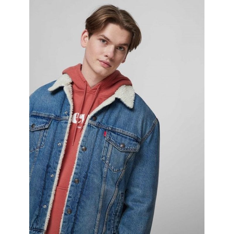 Fashion, accesorii si bijuterii - Barbati - Imbracaminte - Jachete si geci barbati - Jacheta din denim cu captuseala de blana shearling sintetica M INTL Albastru deschis - Infinity.ro