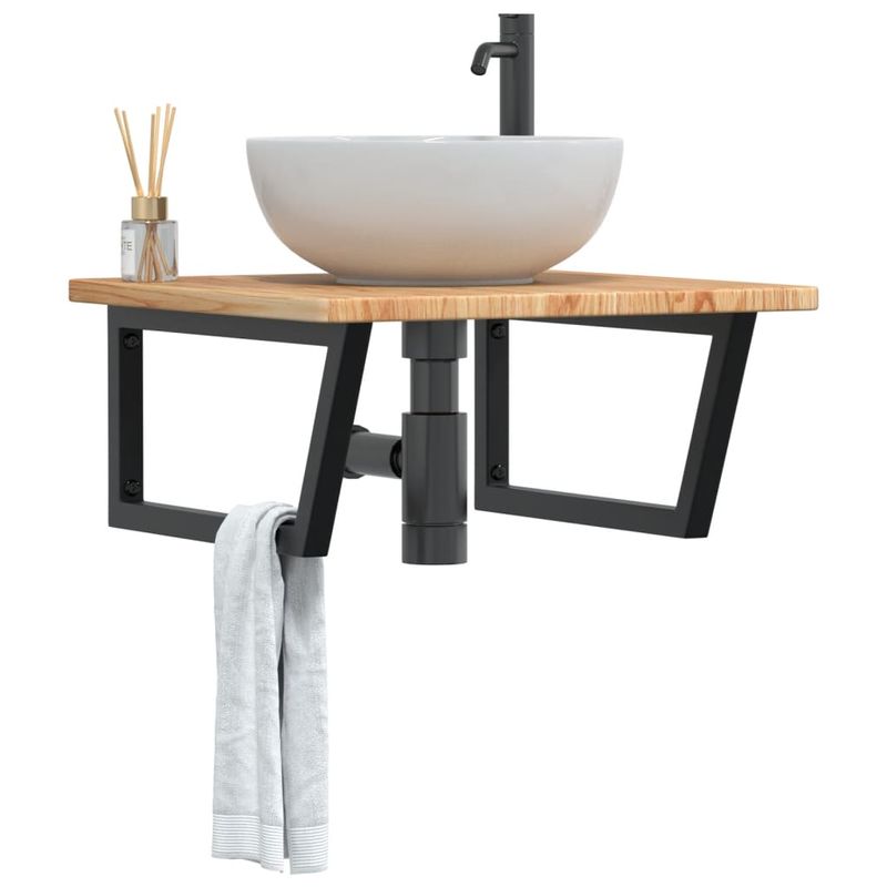 Casa si Gradina - Mobilier - Comode si corpuri - Masute de toaleta - Raft pentru lavoar montat pe perete, otel și lemn masiv stejar, maro deschis și negru, mărime 60x60x2.5 cm, model trapez - Infinity.ro