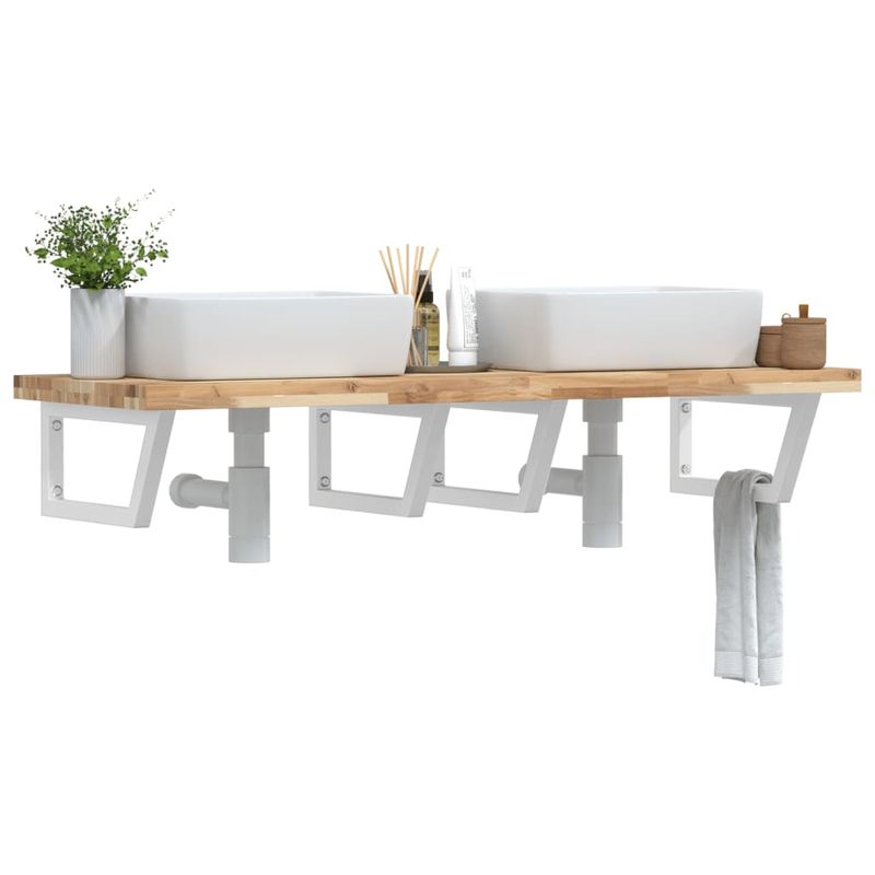 Casa si Gradina - Mobilier - Biblioteci si rafturi - Rafturi - Raft pentru lavoar montat pe perete, otel și lemn masiv acacia, maro și alb, mărime 140x50x4 cm, model trapez - Infinity.ro