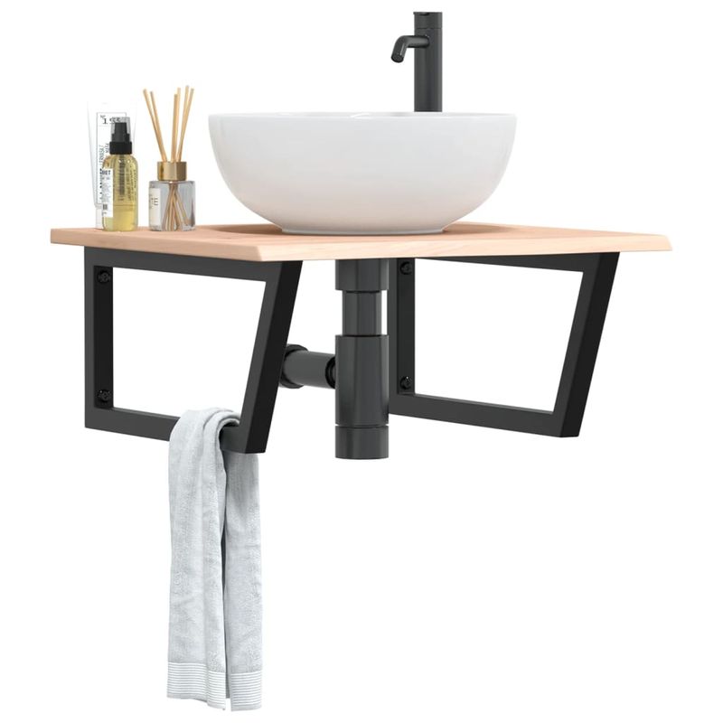 Casa si Gradina - Mobilier - Biblioteci si rafturi - Rafturi - Raft pentru lavoar montat pe perete, otel și lemn masiv stejar, maro și negru, mărime 60x60x2 cm, model trapez - Infinity.ro