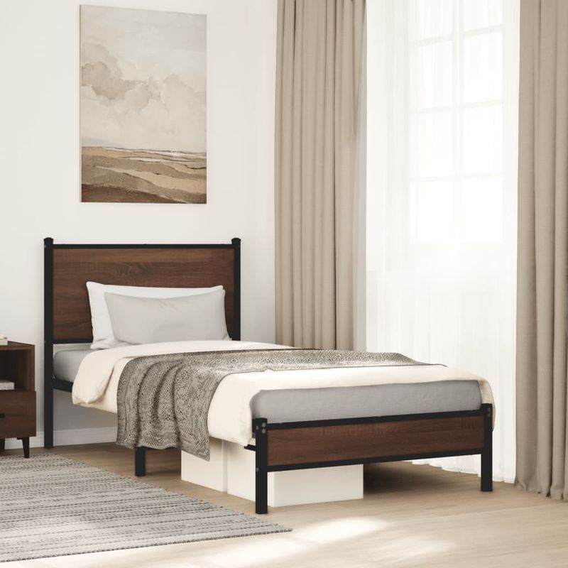 Casa si Gradina - Mobilier - Paturi si accesorii - Paturi - Cadru pat metalic cu tablie, stejar maro, 90x200 cm, model cu tăblie de cap și tăblie de picioare joasă - Infinity.ro