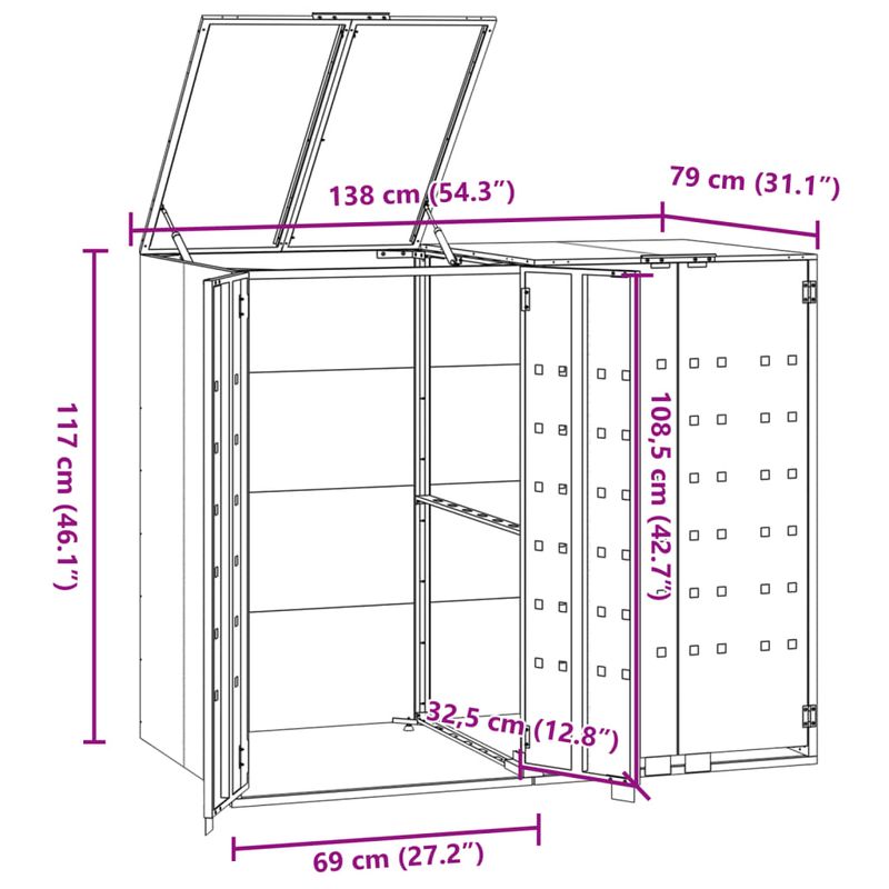Casa si Gradina - Gradina si terasa - Mobilier exterior - Dulapuri si lazi depozitare exterior - Depozitare cos gunoi cu roti 2 cosuri gri 138x79x117 cm otel - Infinity.ro
