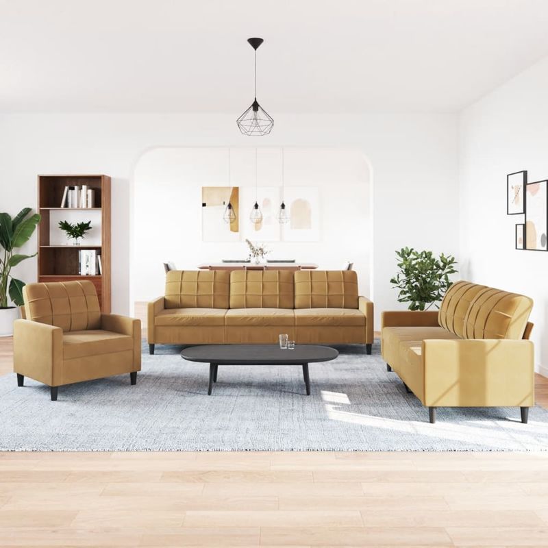 Casa si Gradina - Mobilier - Seturi de mobilier - Seturi living - Set de canapele cu perne, 3 piese, maro, catifea - Infinity.ro