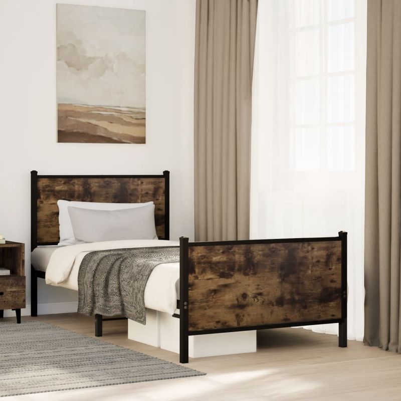 Casa si Gradina - Mobilier - Paturi si accesorii - Paturi - Cadru pat metalic tablie cap/picioare, stejar fumuriu 90x190 cm, model cu tăblie și suport de picioare - Infinity.ro