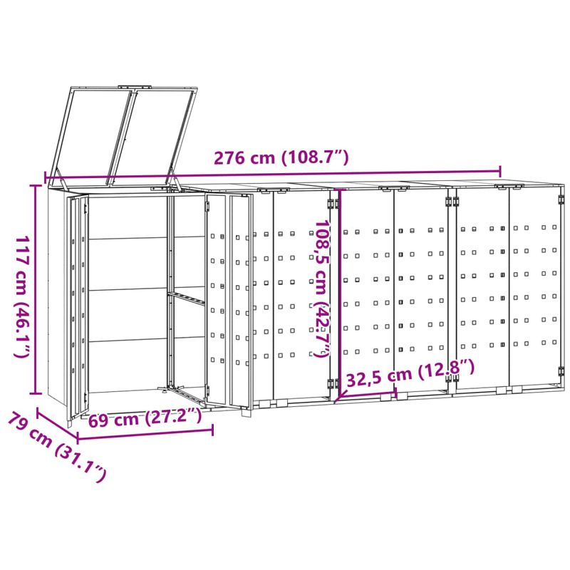 Casa si Gradina - Gradina si terasa - Mobilier exterior - Dulapuri si lazi depozitare exterior - Depozitare cos gunoi cu roti 4 cosuri negru 276x79x117 cm otel - Infinity.ro