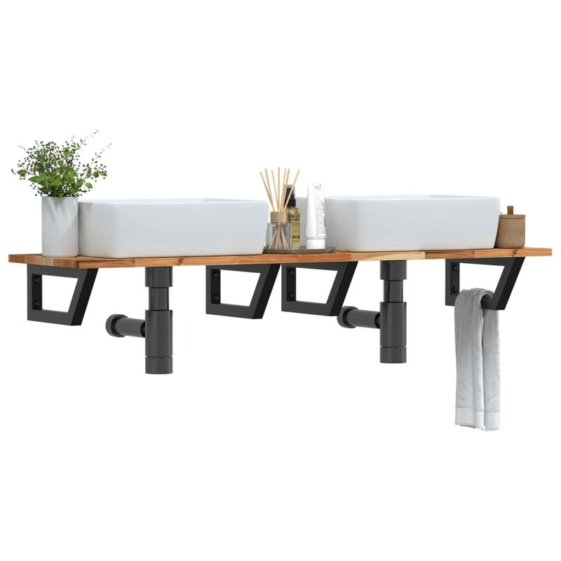 Casa si Gradina - Mobilier - Biblioteci si rafturi - Rafturi - Raft pentru lavoar montat pe perete, otel și lemn masiv acacia, maro închis și negru, mărime 140x40x2 cm, model trapez - Infinity.ro