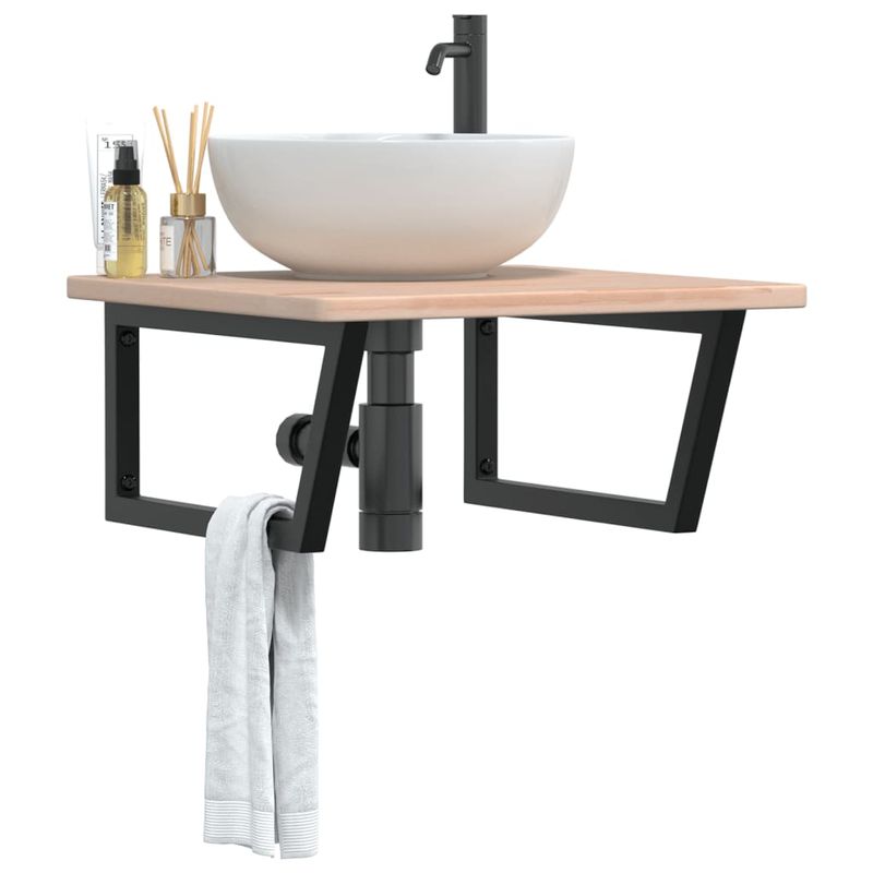 Casa si Gradina - Mobilier - Biblioteci si rafturi - Rafturi - Raft pentru lavoar montat pe perete, otel și lemn masiv stejar, maro și negru, mărime 60x60x2.5 cm, model trapez - Infinity.ro
