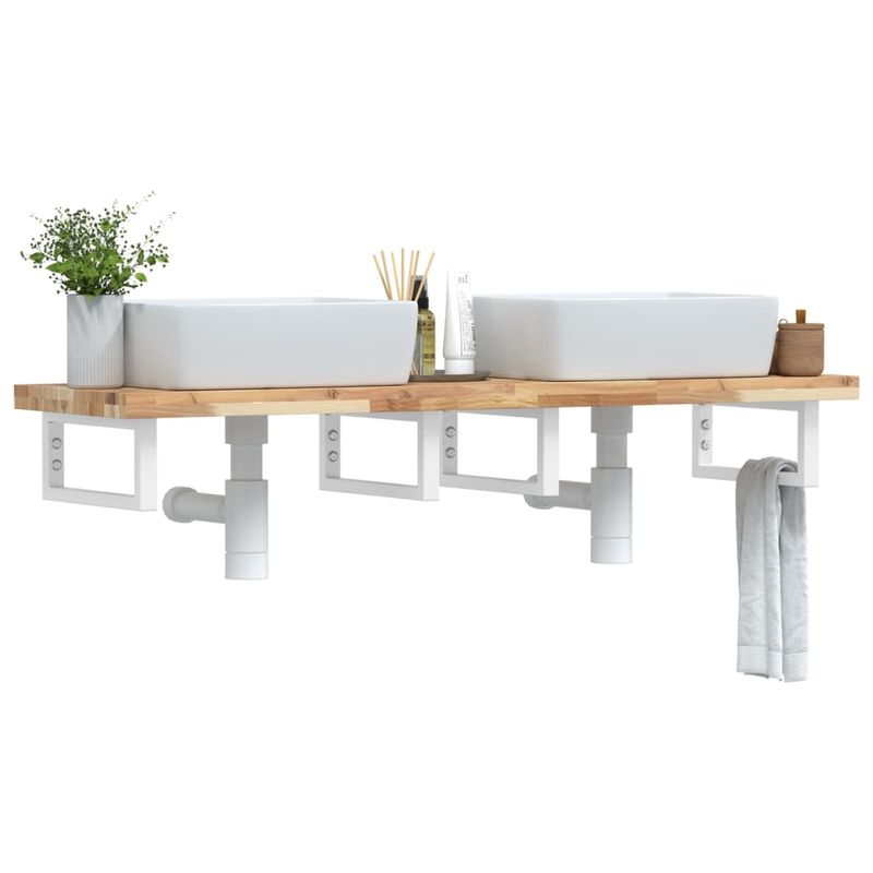 Casa si Gradina - Mobilier - Biblioteci si rafturi - Rafturi - Raft pentru lavoar montat pe perete, otel și lemn masiv acacia, maro și alb, mărime 140x40x4 cm, model dreptunghiular - Infinity.ro