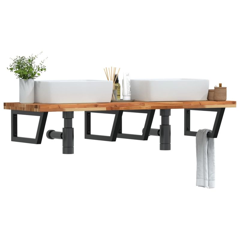 Casa si Gradina - Mobilier - Biblioteci si rafturi - Rafturi - Raft pentru lavoar montat pe perete, otel și lemn masiv acacia, maro închis și negru, mărime 120x50x4 cm, model trapez - Infinity.ro