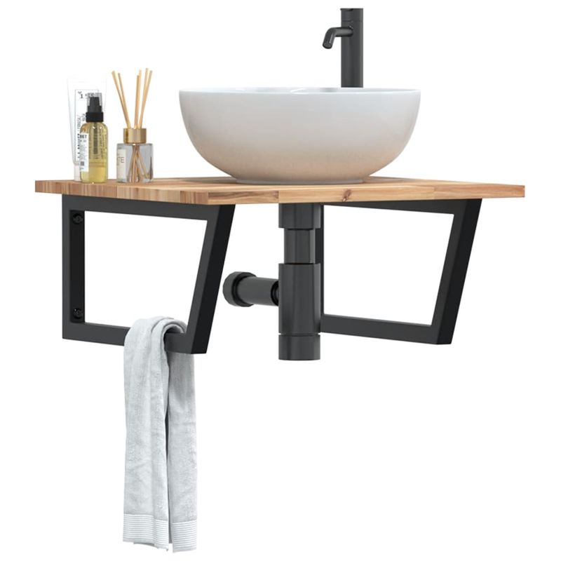 Casa si Gradina - Mobilier - Biblioteci si rafturi - Rafturi - Raft pentru lavoar montat pe perete, otel și lemn masiv acacia, maro și negru, mărime 60x60x2 cm, model trapez - Infinity.ro