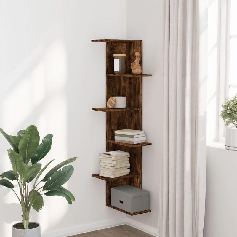 Casa si Gradina - Mobilier - Biblioteci si rafturi - Rafturi - Raft colt perete stejar fumuriu 36,5x36,5x140cm lemn prelucrat - Infinity.ro