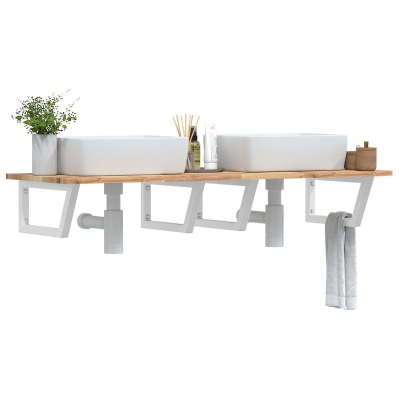 Casa si Gradina - Mobilier - Biblioteci si rafturi - Rafturi - Raft pentru lavoar montat pe perete, otel și lemn masiv acacia, maro și alb, mărime 160x50x2 cm, model trapez - Infinity.ro