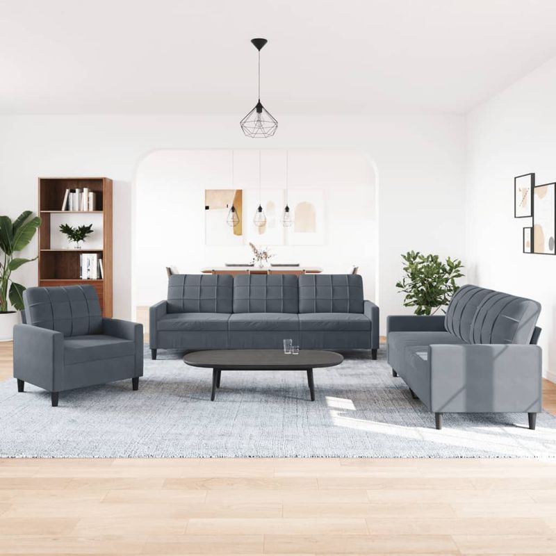 Casa si Gradina - Mobilier - Seturi de mobilier - Seturi living - Set de canapele cu perne, 3 piese, gri inchis, catifea - Infinity.ro