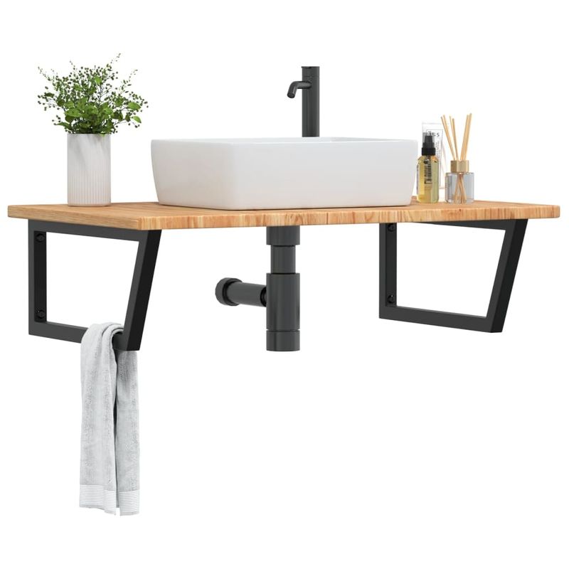 Casa si Gradina - Mobilier - Biblioteci si rafturi - Rafturi - Raft pentru lavoar montat pe perete, otel și lemn masiv stejar, maro deschis și negru, mărime 100x60x2.5 cm, model trapez - Infinity.ro