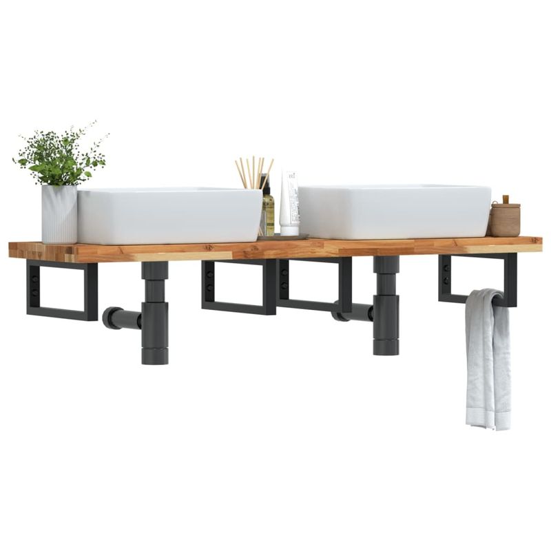Casa si Gradina - Mobilier - Biblioteci si rafturi - Rafturi - Raft pentru lavoar montat pe perete, otel și lemn masiv acacia, maro închis și negru, mărime 140x40x4 cm, model dreptunghiular - Infinity.ro