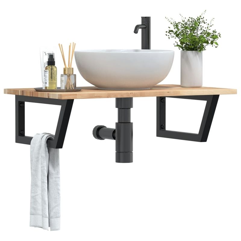 Casa si Gradina - Mobilier - Biblioteci si rafturi - Rafturi - Raft pentru lavoar montat pe perete, otel și lemn masiv acacia, maro și negru, mărime 60x50x2 cm, model trapez - Infinity.ro