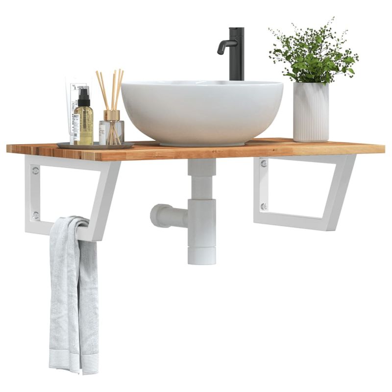 Casa si Gradina - Mobilier - Biblioteci si rafturi - Rafturi - Raft pentru lavoar montat pe perete, otel și lemn masiv acacia, maro închis și alb, mărime 100x50x2 cm, model trapez - Infinity.ro