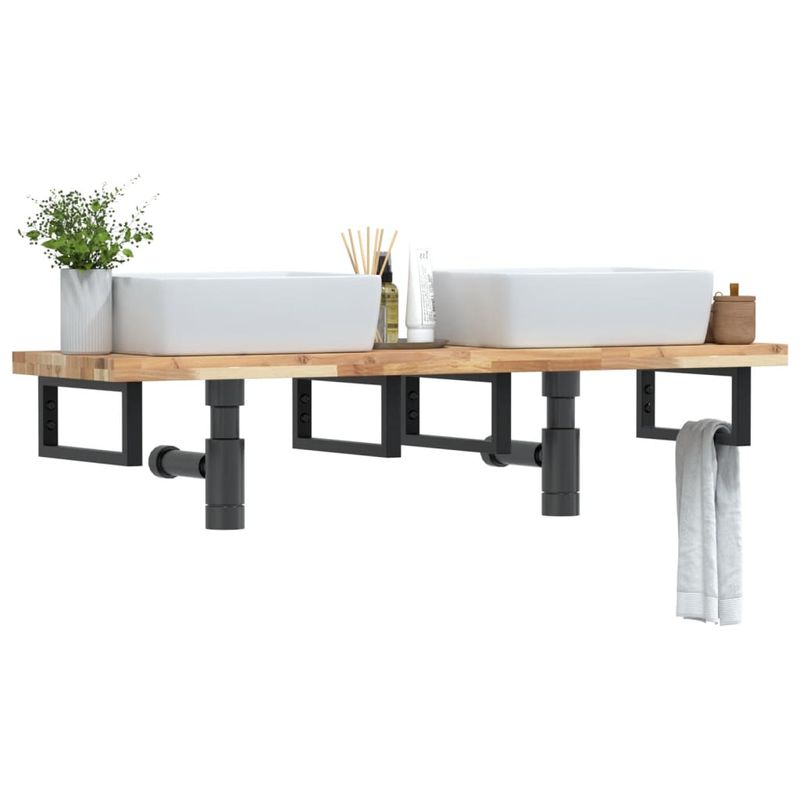 Casa si Gradina - Mobilier - Biblioteci si rafturi - Rafturi - Raft pentru lavoar montat pe perete, otel și lemn masiv acacia, maro și negru, mărime 140x40x4 cm, model dreptunghiular - Infinity.ro