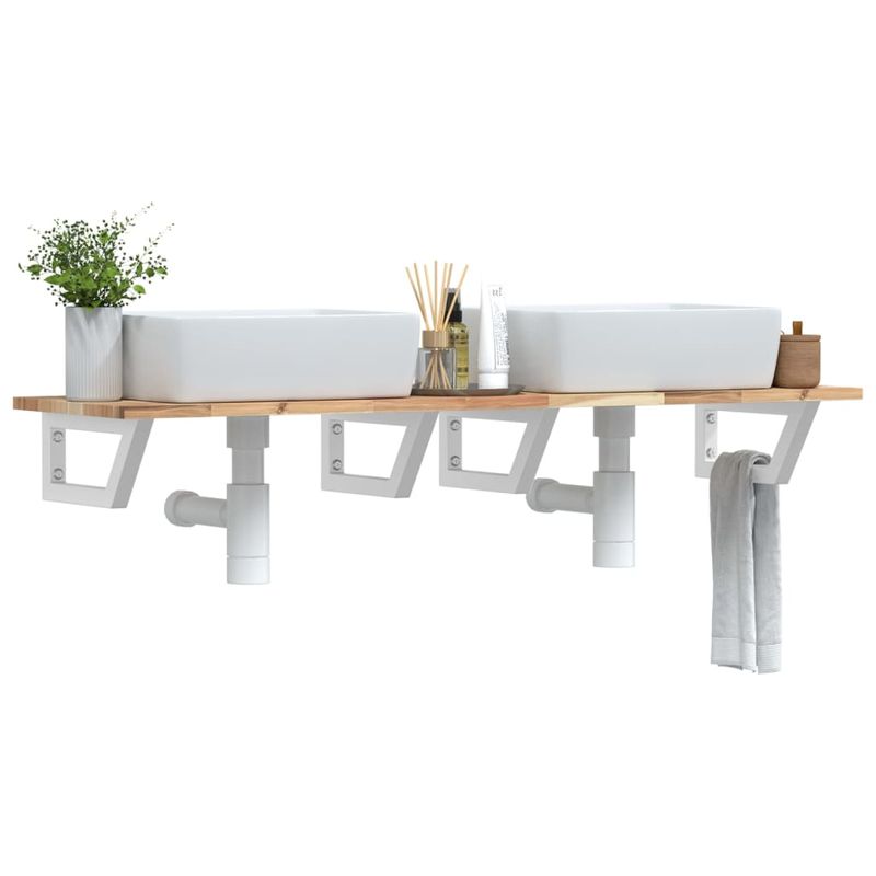 Casa si Gradina - Mobilier - Biblioteci si rafturi - Rafturi - Raft pentru lavoar montat pe perete, otel și lemn masiv acacia, maro și alb, mărime 140x40x2 cm, model trapez - Infinity.ro