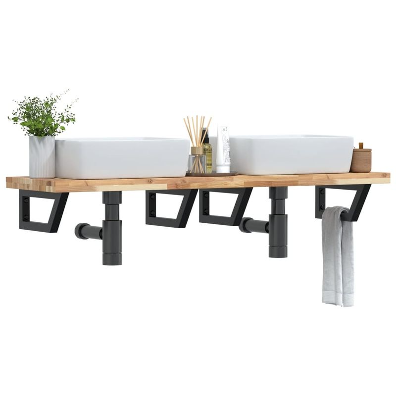 Casa si Gradina - Mobilier - Biblioteci si rafturi - Rafturi - Raft pentru lavoar montat pe perete, otel și lemn masiv acacia, maro și negru, mărime 160x40x4 cm, model trapez - Infinity.ro