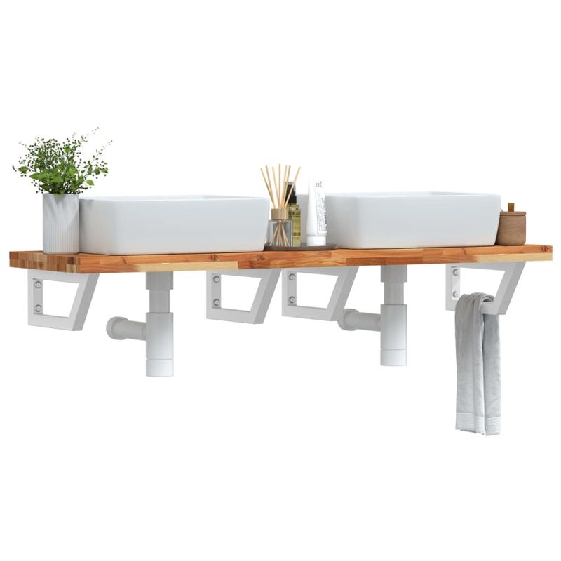 Casa si Gradina - Mobilier - Biblioteci si rafturi - Rafturi - Raft pentru lavoar montat pe perete, otel și lemn masiv acacia, maro închis și alb, mărime 160x40x4 cm, model trapez - Infinity.ro