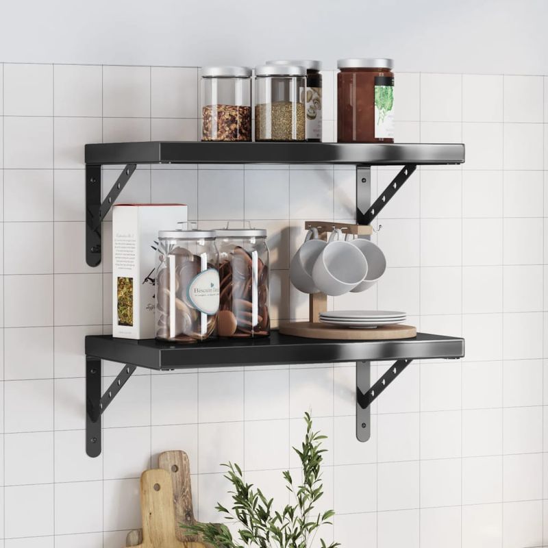 Casa si Gradina - Mobilier - Biblioteci si rafturi - Rafturi - Rafturi de perete, 2 buc., 50x30x3 cm, negru otel inoxidabil - Infinity.ro