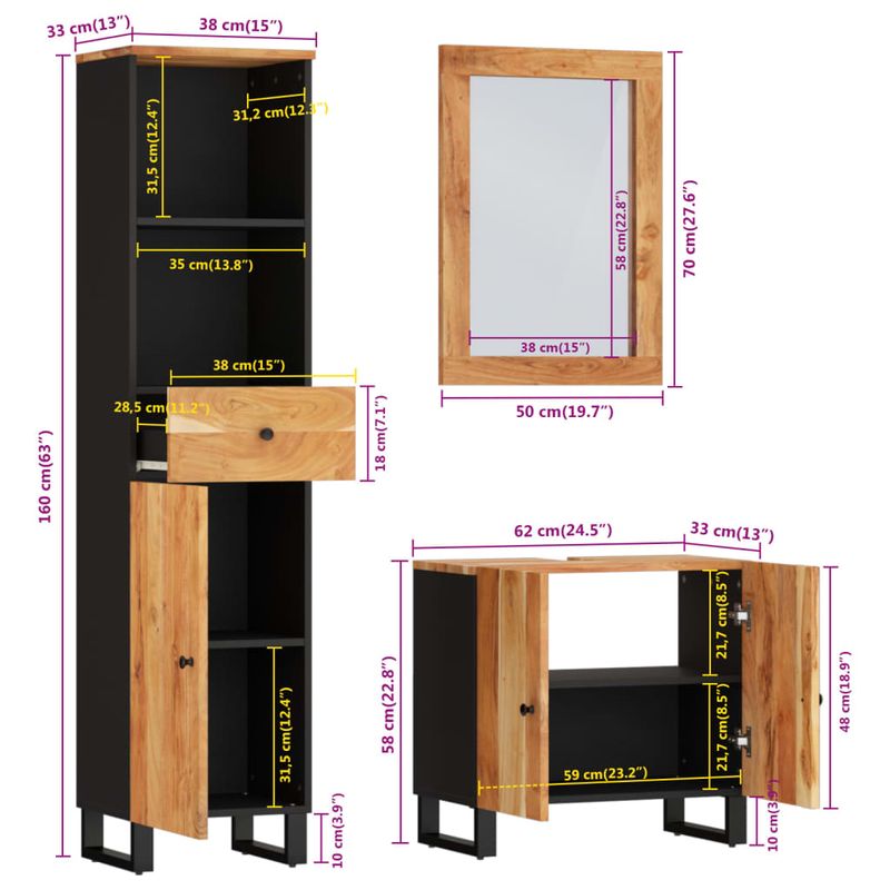 Casa si Gradina - Mobilier - Seturi de mobilier - Seturi baie - Set mobilier de baie, 3 piese, lemn masiv de acacia - Infinity.ro