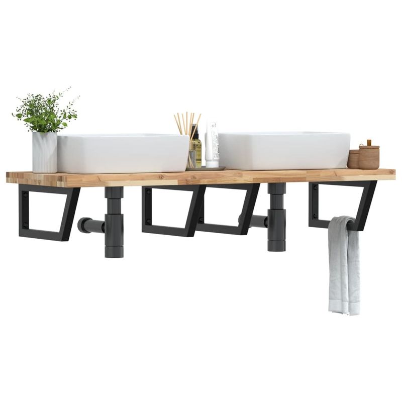 Casa si Gradina - Mobilier - Biblioteci si rafturi - Rafturi - Raft pentru lavoar montat pe perete, otel și lemn masiv acacia, maro și negru, mărime 140x50x4 cm, model trapez - Infinity.ro