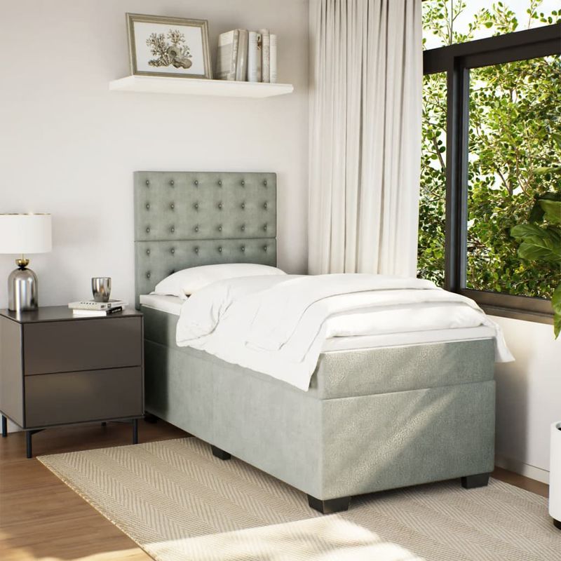 Casa si Gradina - Mobilier - Paturi si accesorii - Paturi - Pat box spring cu saltea, gri deschis, 90x190 cm, catifea - Infinity.ro