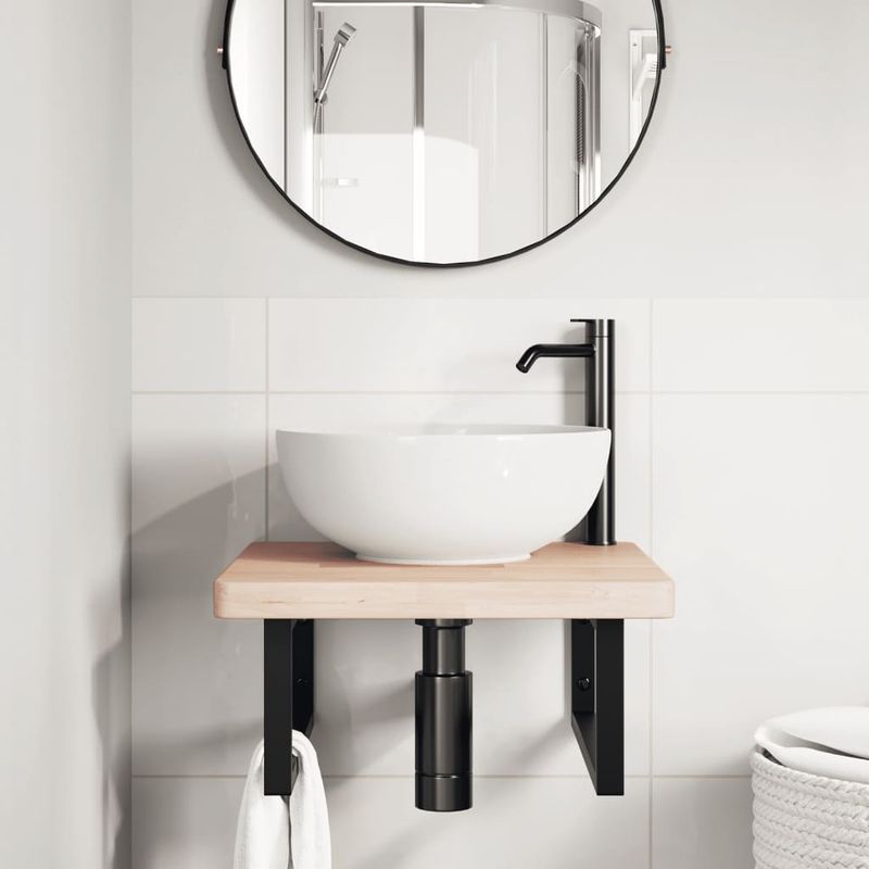 Casa si Gradina - Mobilier - Biblioteci si rafturi - Rafturi - Raft pentru lavoar montat pe perete, otel și lemn masiv stejar, maro și negru, mărime 50x50x4 cm, model dreptunghiular - Infinity.ro