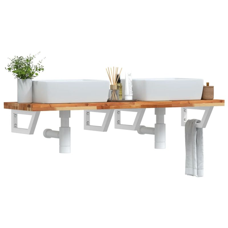 Casa si Gradina - Mobilier - Biblioteci si rafturi - Rafturi - Raft pentru lavoar montat pe perete, otel și lemn masiv acacia, maro închis și alb, mărime 140x40x4 cm, model trapez - Infinity.ro