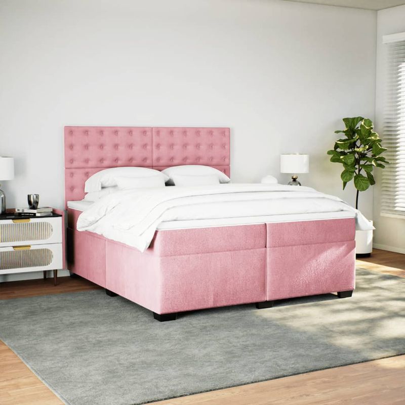 Casa si Gradina - Mobilier - Paturi si accesorii - Paturi - Pat box spring cu saltea, roz, 200x200 cm, catifea - Infinity.ro